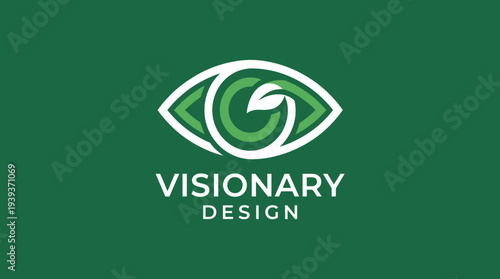 A modern logo design of an eye symbolizes vision and insight with layered green elements, embracing a fresh aesthetic appealing to forward-thinking brands in design.