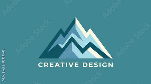 This artwork presents a stylized mountain range logo that symbolizes creative design, capturing the essence of nature and artistic interpretation in cool tones.