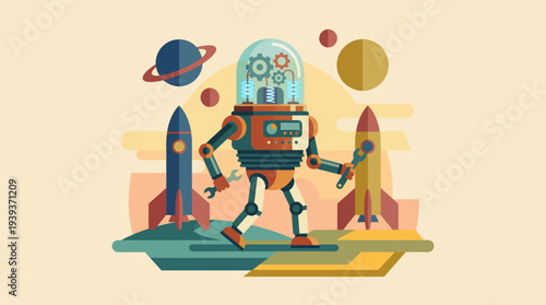 A whimsical, retro-styled robot is seen exploring an imaginative space landscape, showcasing creativity and innovation in technology while providing a lighthearted view of the future.