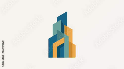 This abstract artwork showcases geometric shapes in bold colors, creating an eye-catching composition that evokes thoughts of modern architecture and innovation.