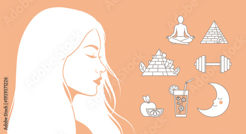 Woman meditating with yoga and wellness symbols around her.