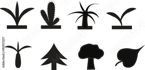 Nature and vegetation black vector icons - Cactus, Pine tree, and leaf silhouettes.