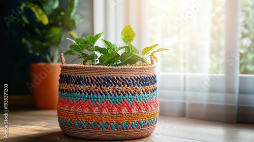 Vibrantly Colored Woven Basket Holds Lush Green Houseplant Beside a Sunlit Window, Bringing Natural Warmth Indoors