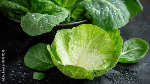 Vibrant Green Organic Lettuce with Water Drops, Fresh Ingredient for Healthy Salads