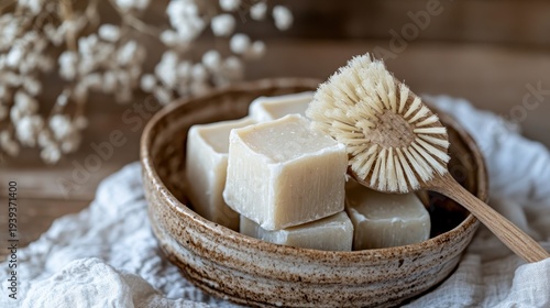 Natural Solid Dish Soap Bars With Scrub Brushes In Rustic Ceramic Bowl For Eco-Friendly Kitchen Cleaning
