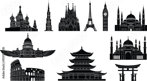 Vector illustration of architectural landmark silhouettes including cathedral, tower, mosque, pagoda, gate symbolizing culture, heritage, identity, diversity, tradition, inclusivity, and education