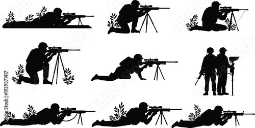 Sniper soldier silhouettes set military shooter aiming rifle tactical army marksman combat positions black vector illustration collection