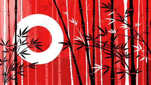 Traditional Japanese Bamboo Forest Silhouette with White Sun Red Background Minimalist Zen Nature Vector for Wellness Branding and Asian Cultural Decor