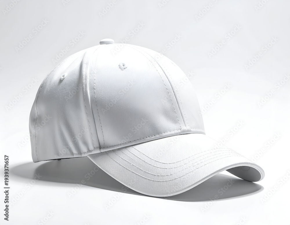 Fototapeta premium A pristine, white, plain baseball cap on a seamless white surface