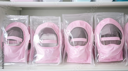 Row of Pink Personal Protective Respirators in Clear Plastic Packaging Arranged on a Shelf