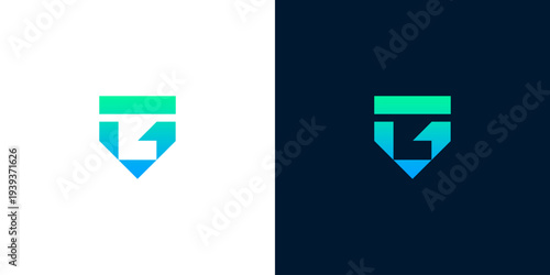 Modern geometric initial G and T logo design featuring an upward arrow within a shield shape, symbolizing progress, security, and innovative growth in a sleek, abstract corporate emblem
