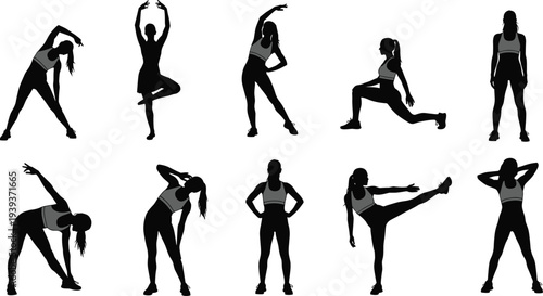 Vector illustration of exercise silhouettes showing athletic poses symbolizing fitness, health, identity, diversity, culture, tradition, inclusivity, and education