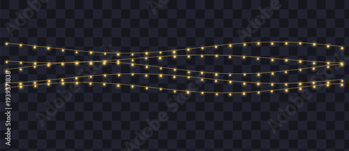 Three wavy strings of vibrant yellow glowing holiday lights illuminate a festive