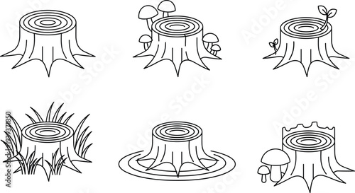 Tree stump line icons set cut wood trunk forest nature logging stump with grass mushrooms roots vector illustration collection