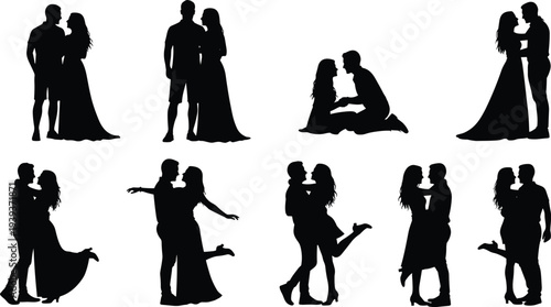 Vector illustration of romantic couple silhouettes in affectionate poses symbolizing love, intimacy, identity, diversity, culture, tradition, inclusivity, and education