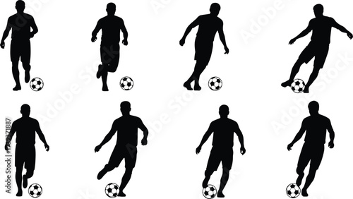 Vector illustration of soccer player silhouettes in various poses with ball, symbolizing sport, identity, diversity, culture, tradition, inclusivity, and education
