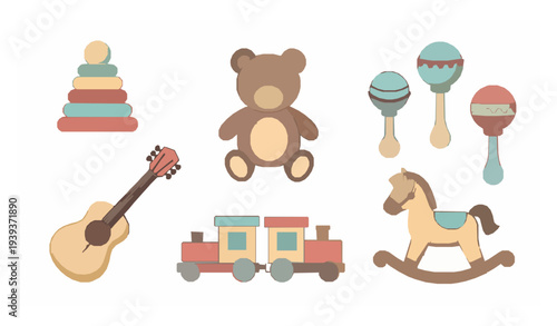 Cute preschool toys vector set teddy bear rattles train and guitar