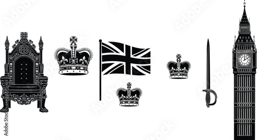 United Kingdom symbols set British crown throne Union Jack Big Ben royal sword monarchy heritage icons vintage vector illustration