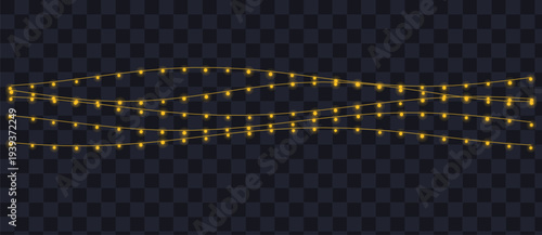 Vibrant orange string lights with luminous bulbs create a festive wavy design on a dark transparent backdrop