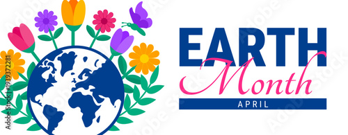 Earth Month April Celebration Banner with Planet Earth, Vibrant Spring Flowers, and Butterfly, Environmental Awareness and Nature Conservation Background for Social Media and Web Design