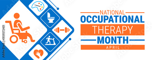 Konstfotografi National Occupational Therapy Month April Awareness Banner with Healthcare and Rehabilitation Icons in Hexagon Grid, Therapy and Wellness Background for Social Media
