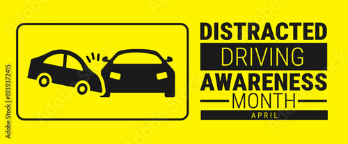 Distracted Driving Awareness Month April Banner with Steering Wheel and Warning Icon Silhouette, Road Safety and Driver Education Background for Social Media and Web Headers