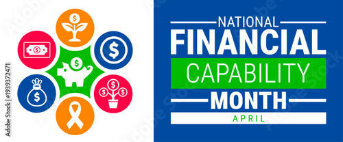 National Financial Capability Month April Banner with Financial Growth Tiles Featuring Plant, Piggy Bank, and Money Bag Icons, Wealth Management Header for Social Media and Web