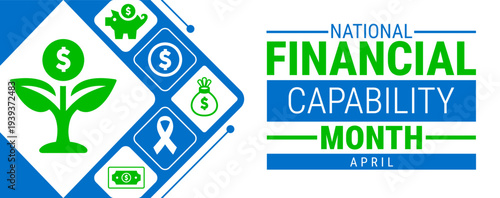 National Financial Capability Month April Banner with Financial Growth Tiles Featuring Plant, Piggy Bank, and Money Bag Icons, Wealth Management Header for Social Media and Web
