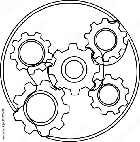 Continuous line drawing of five interconnected gears symbolizing collaboration and mechanical process