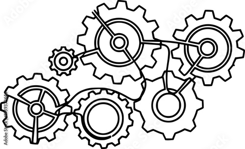 Continuous line drawing of five interconnected gears symbolizing collaboration and mechanical process