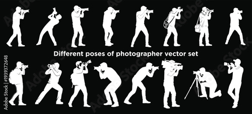 Different poses of photographer vector set with white silhouettes on black background
