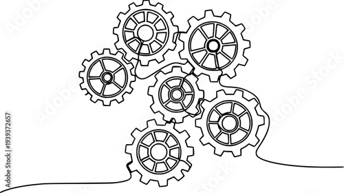 Continuous line drawing of five interconnected gears symbolizing collaboration and mechanical process