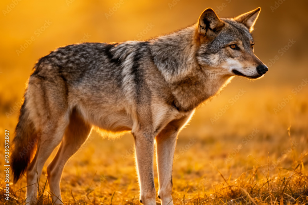 Fototapeta premium A Majestic Wild Wolf Standing Gracefully in a Golden Hour Landscape, Symbolizing Resilience and Untamed Freedom in Nature.