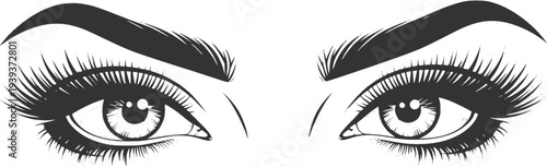 Dramatic stylized black and white human eyes with prominent eyelashes and defined eyebrows
