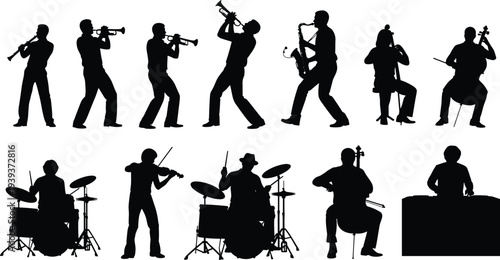 Vector illustration of stylized musician silhouettes symbolizing music, performance, identity, diversity, culture, tradition, inclusivity, and education