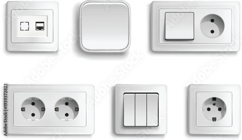 White plastic wall with plate socket and light switches vector