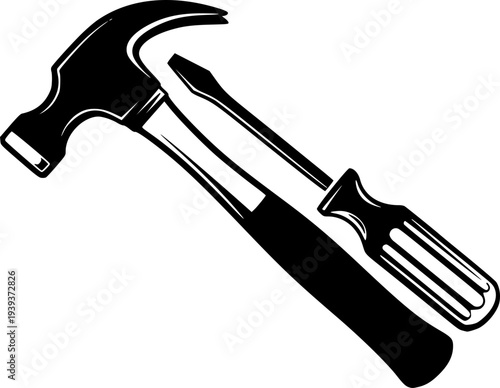 Stylized black and white drawing of a hammer and screwdriver