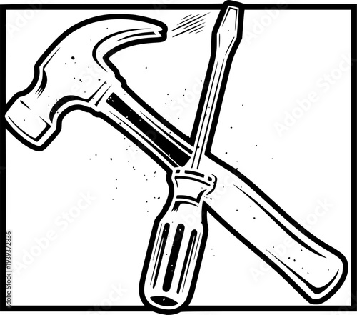 Stylized black and white drawing of a hammer and screwdriver