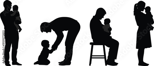 Vector illustration of stylized parent-child silhouettes symbolizing care, bonding, identity, diversity, culture, tradition, inclusivity, and education