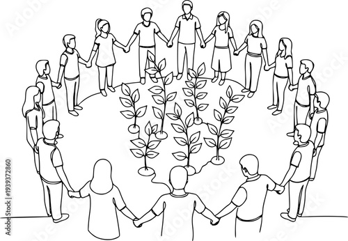 Continuous line drawing of people standing together, holding hands and nurturing plants
