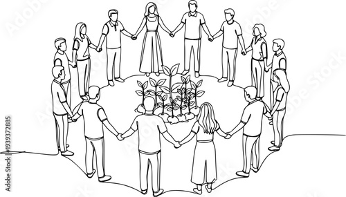 Continuous line drawing of people standing together, holding hands and nurturing plants