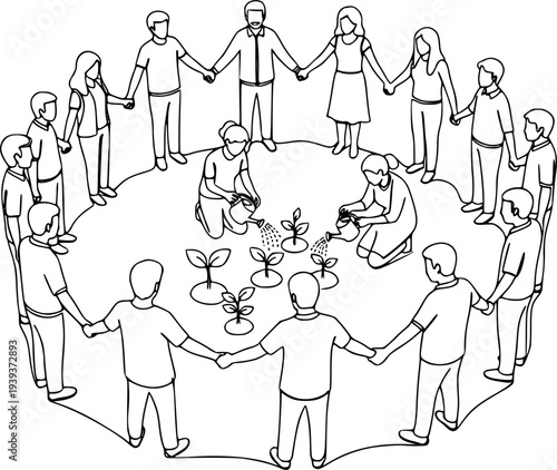 Continuous line drawing of people standing together, holding hands and nurturing plants