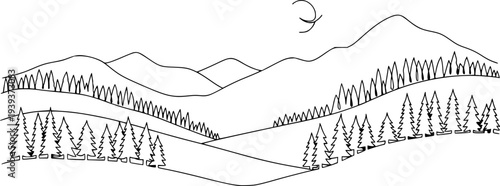 A continuous line drawing depicting a minimalistic forest landscape with stylized evergreen trees