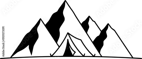 Simple line drawing featuring abstract mountain peaks and a camping tent evoking outdoor adventure and travel for recreation and leisure themes

