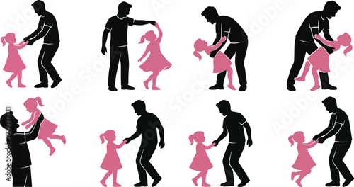 Complete Collection of Joyful Father and Little Daughter Dancing Silhouette Vector Illustrations, Minimalist Black and Pink Parent-Child Bonding Poses for 2026 Design Projects and Father's Day Graphic