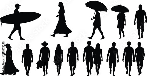 Vector illustration of stylized walking silhouettes symbolizing lifestyle, leisure, identity, diversity, culture, tradition, inclusivity, and education