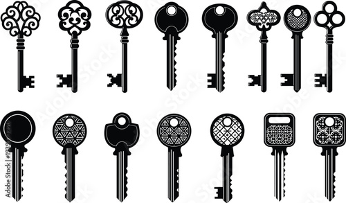 Vintage and modern key silhouettes, ornate and geometric designs, security symbol illustration, vector artwork for lock and access themes