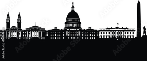 Washington DC landmark silhouette vector illustration, Capitol White House Supreme Court Smithsonian Washington Monument decorative isolated design for stock discoverability