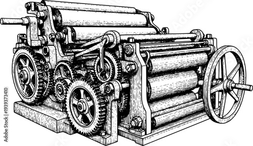 Detailed line drawing of a vintage printing press with intricate gears and rollers