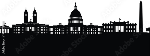 Washington DC landmarks silhouettes including Capitol, White House, Washington Monument, government buildings, vector illustration for politics, history, culture, education, and design themes